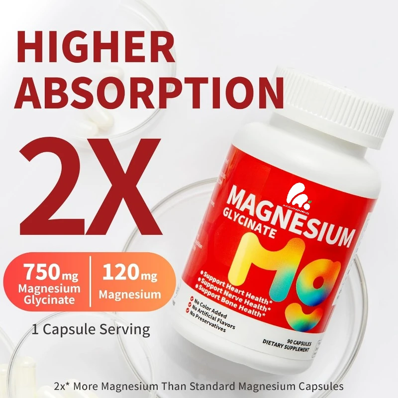 

750mg Magnesium Glycine and 120mg Magnesium Magnesium Supplements -60 capsules to support heart, nerve, muscle, and bone health