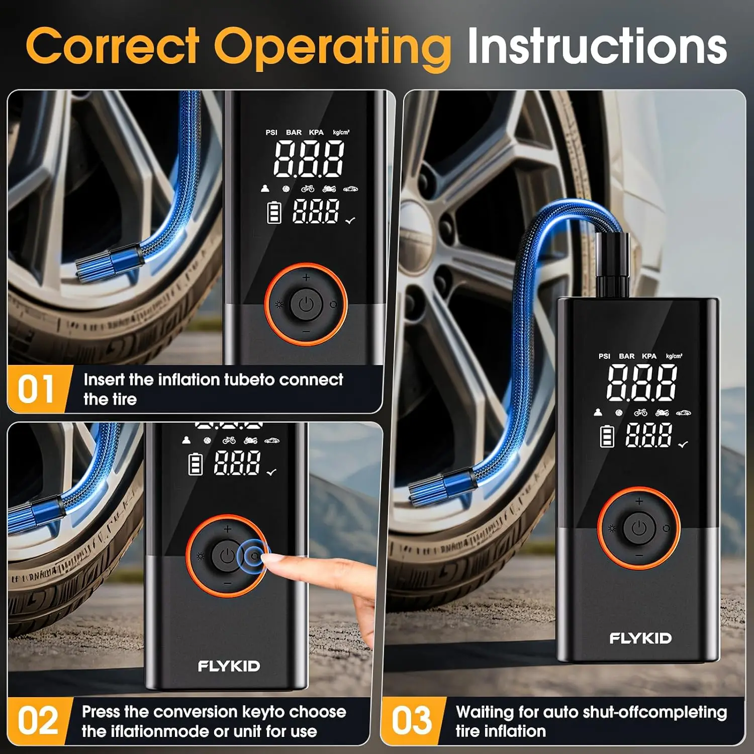 ポータブルデジタルエアコンプレッサー 150PSI 車、SUV、バイク、自転車用、LEDライト付き充電式