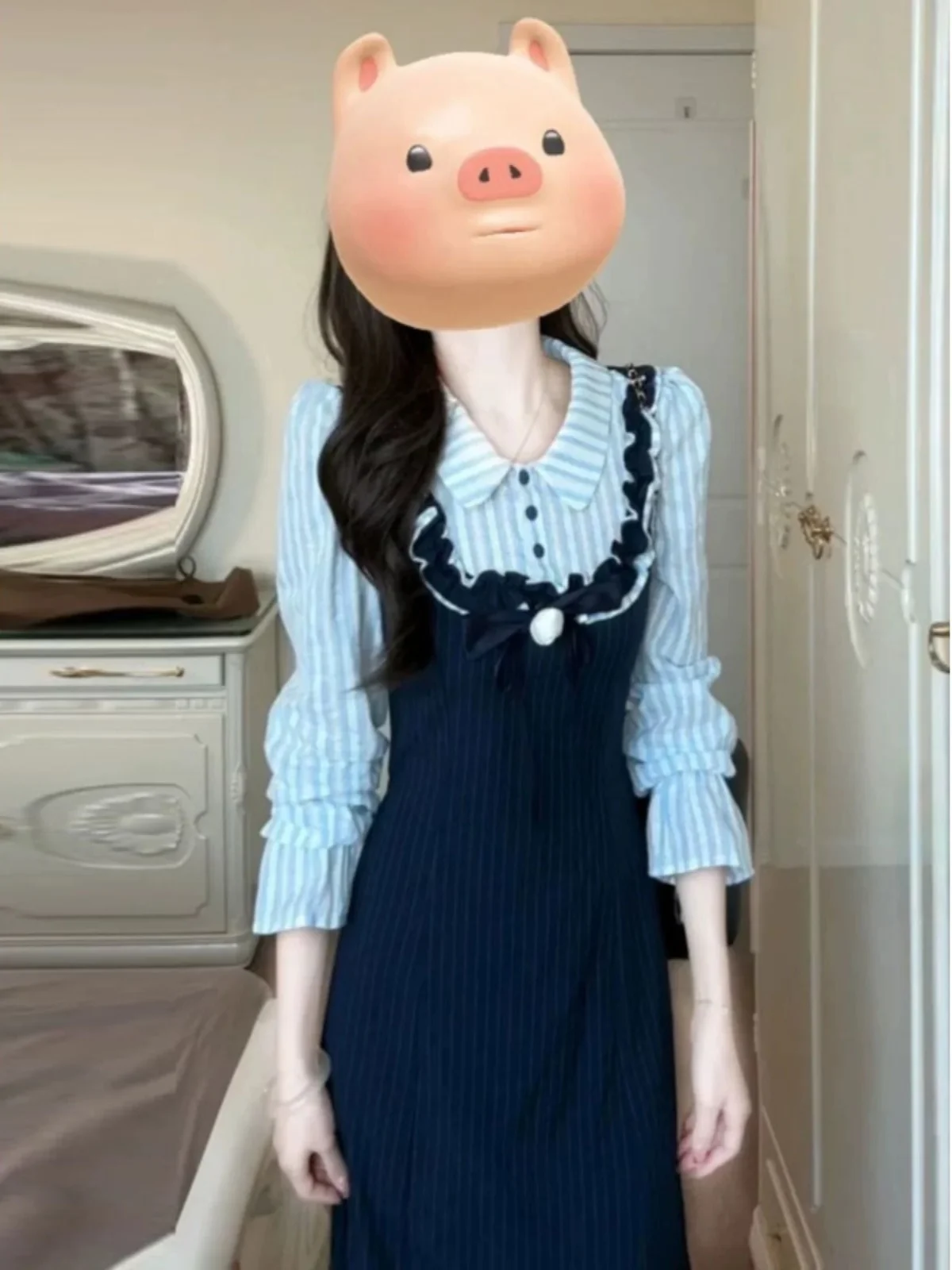

Slimming Long Dress College Style Two-Piece Set Elegant Autumn Winter Ladylike A-Line Skirt Collar Polyester Fiber
