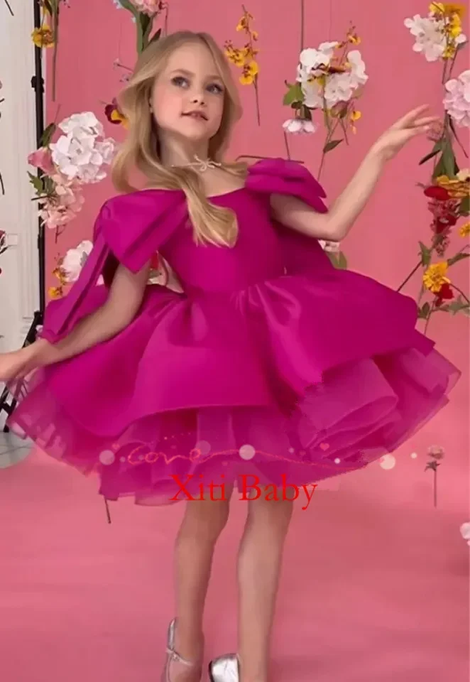 Flower Girl Dress Layers Puffy Princess Girl Dress Rose Satin Bow Child Party abiti da compleanno abito festa luxo infantil