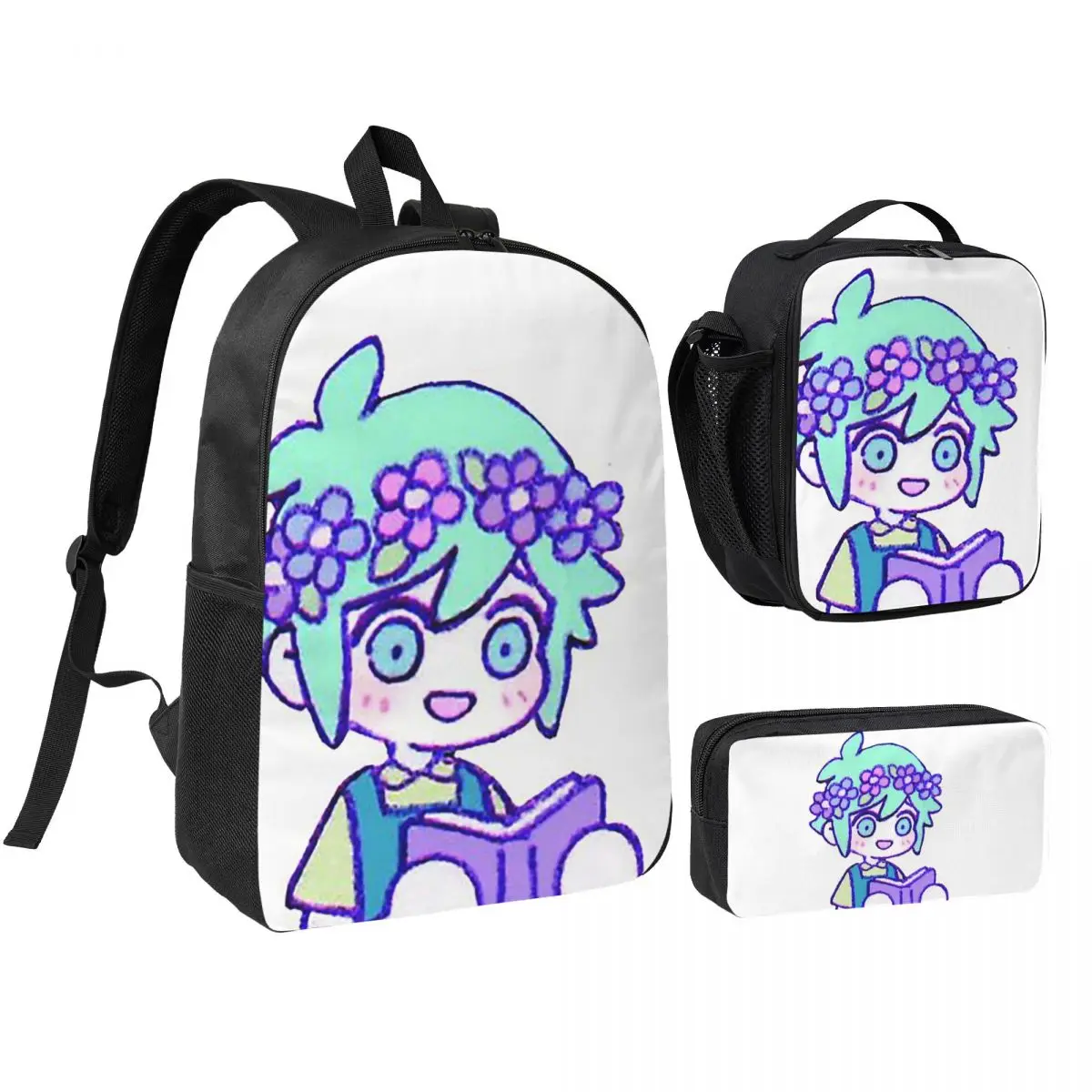 Cute Basil Omori Emote Backpack Boys Girls BookBag School Bag Shoulder Bags 3ps Insulated Lunch Bag Pencil Case