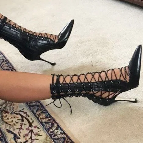 Hollow Cross Strap Summer Short Boots 2024 New Casual Pointed Closed Toe Lace Up High Heel Sandals Black/gold Sexy Women Sandals