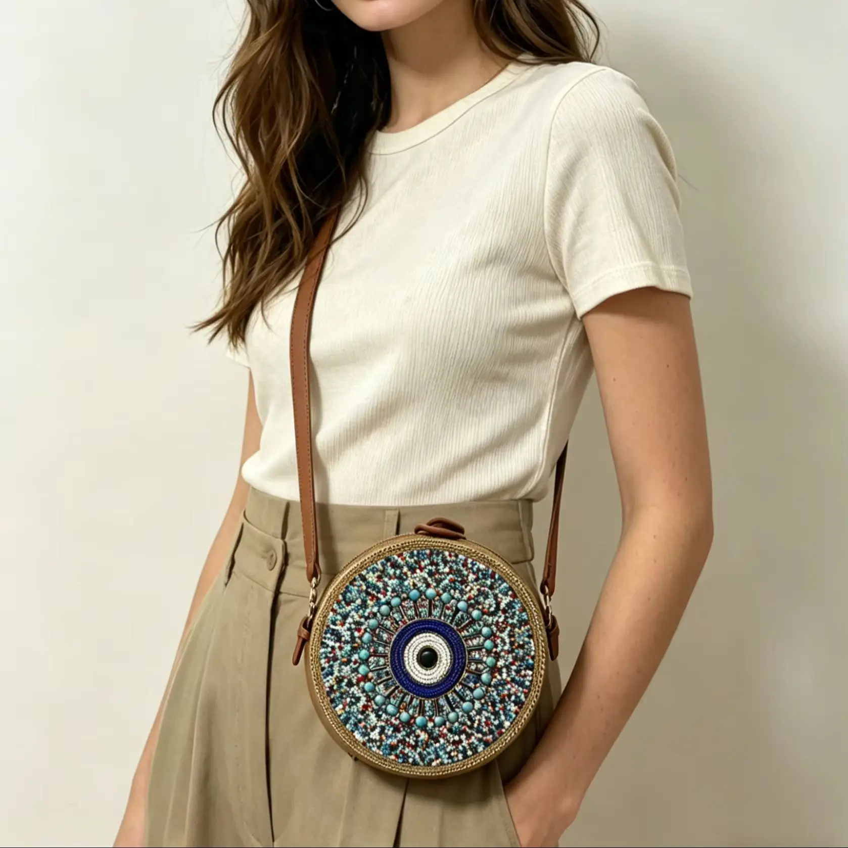 Hand-woven grass-woven beads round bag Bohemian style colorful water drop diamond-embellished shell flower round bag