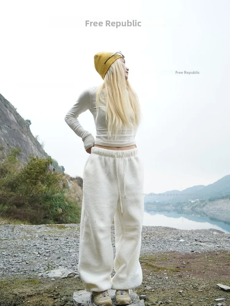 

Уличные повседневные свободные широкие брюки на подкладке, спортивные брюки для женщин, осень-зима, удобные дышащие брюки