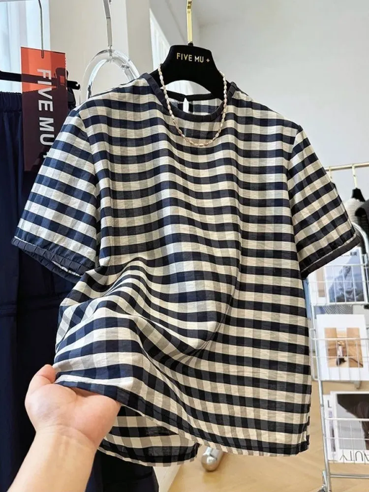 

Loose Fit ort Sve irt Men's Summer Thin round Ne Casual irt Korean Retro Plaid Design Breathable Cool Feeling irt