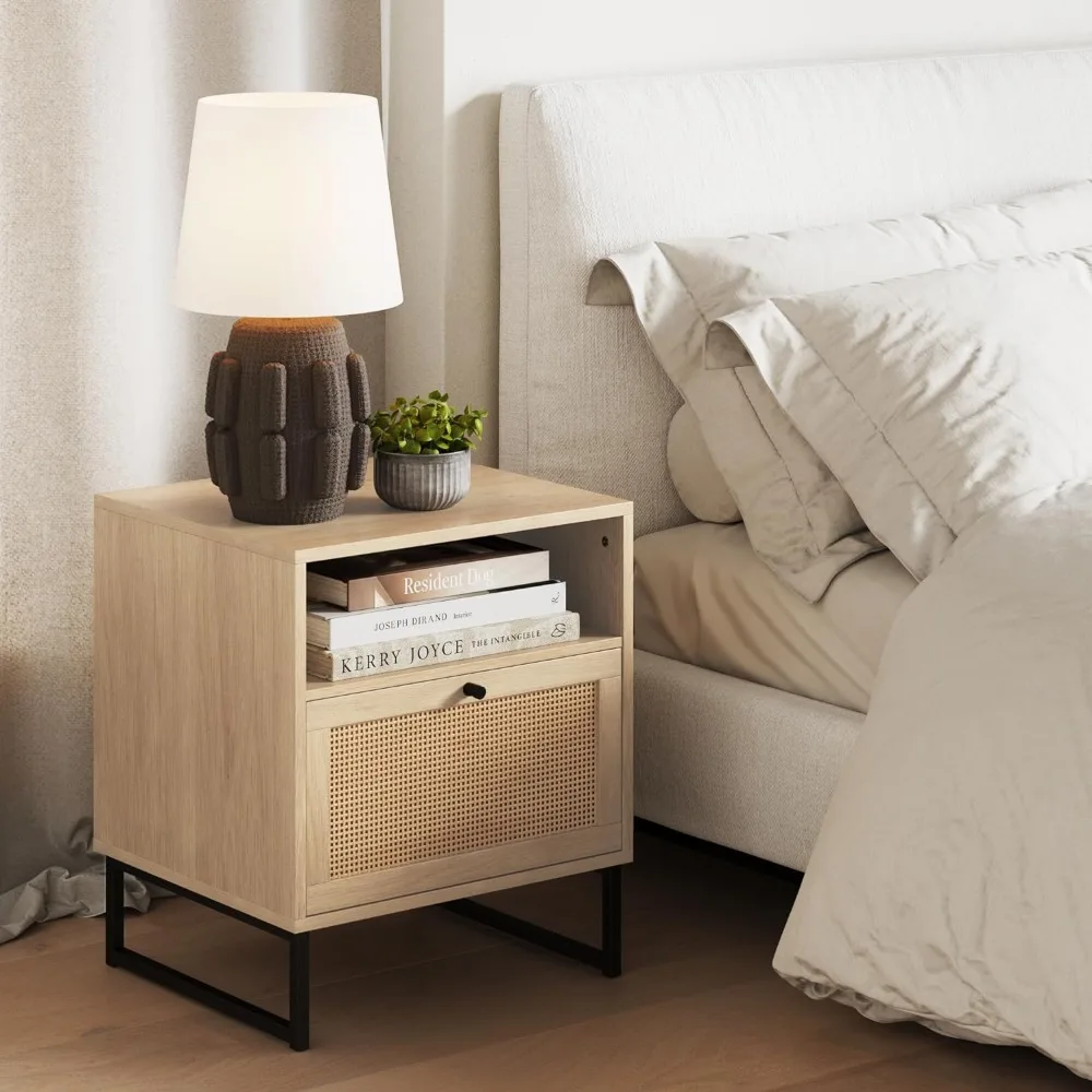 

Modern Nightstand, Drawer and Opening Shelf, Side Table for Bedroom, Tall Night Stand