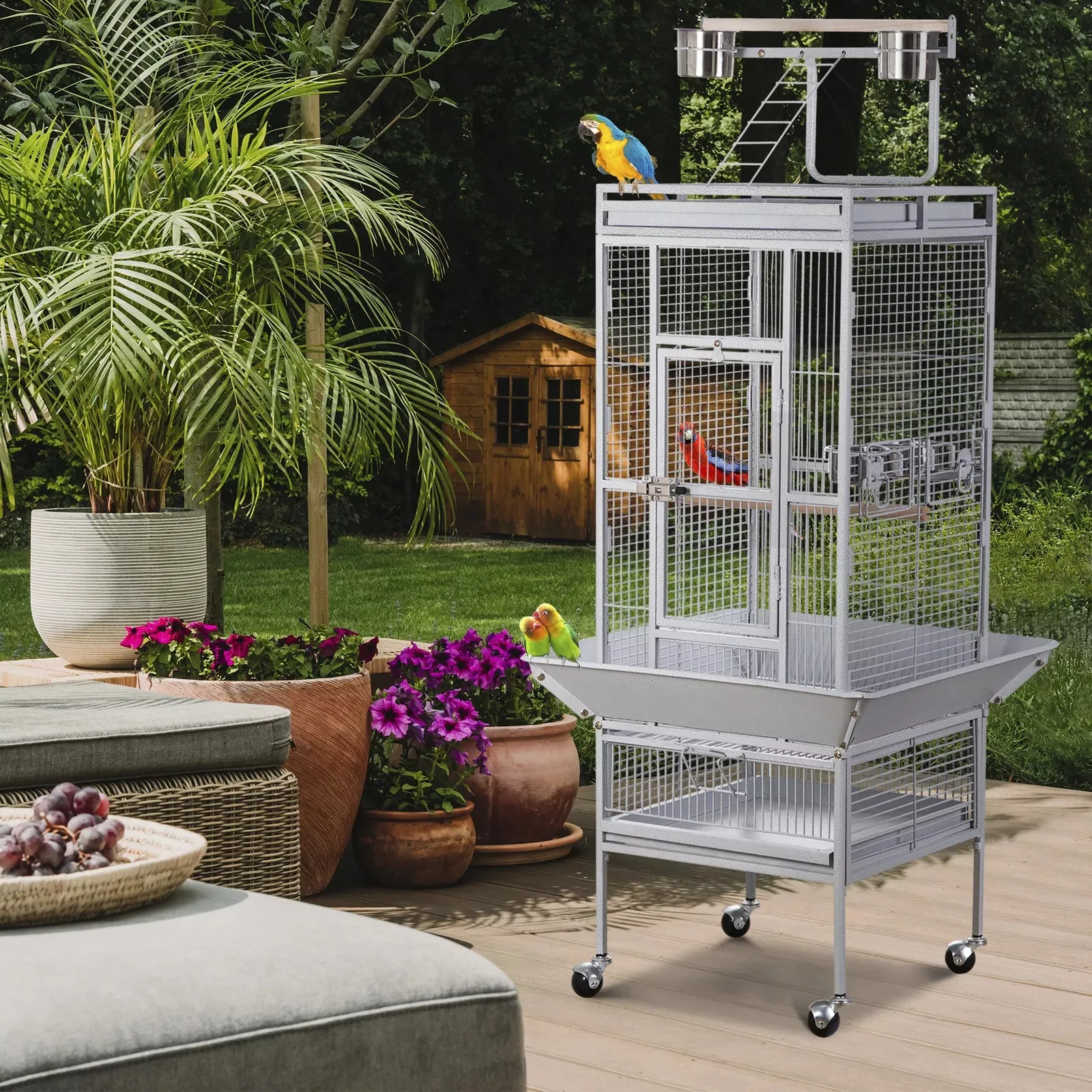 US 61-inch large birdcage game table parrot cage Cockatoo with roller rack white-