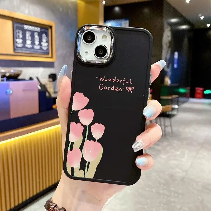 Aesthetic Tulip Phone Case for IPhone 16 15 11 13 14 12 Pro 7 8 Plus X XS XR XsMax Luxury Plating Metal Square Casing Silicone