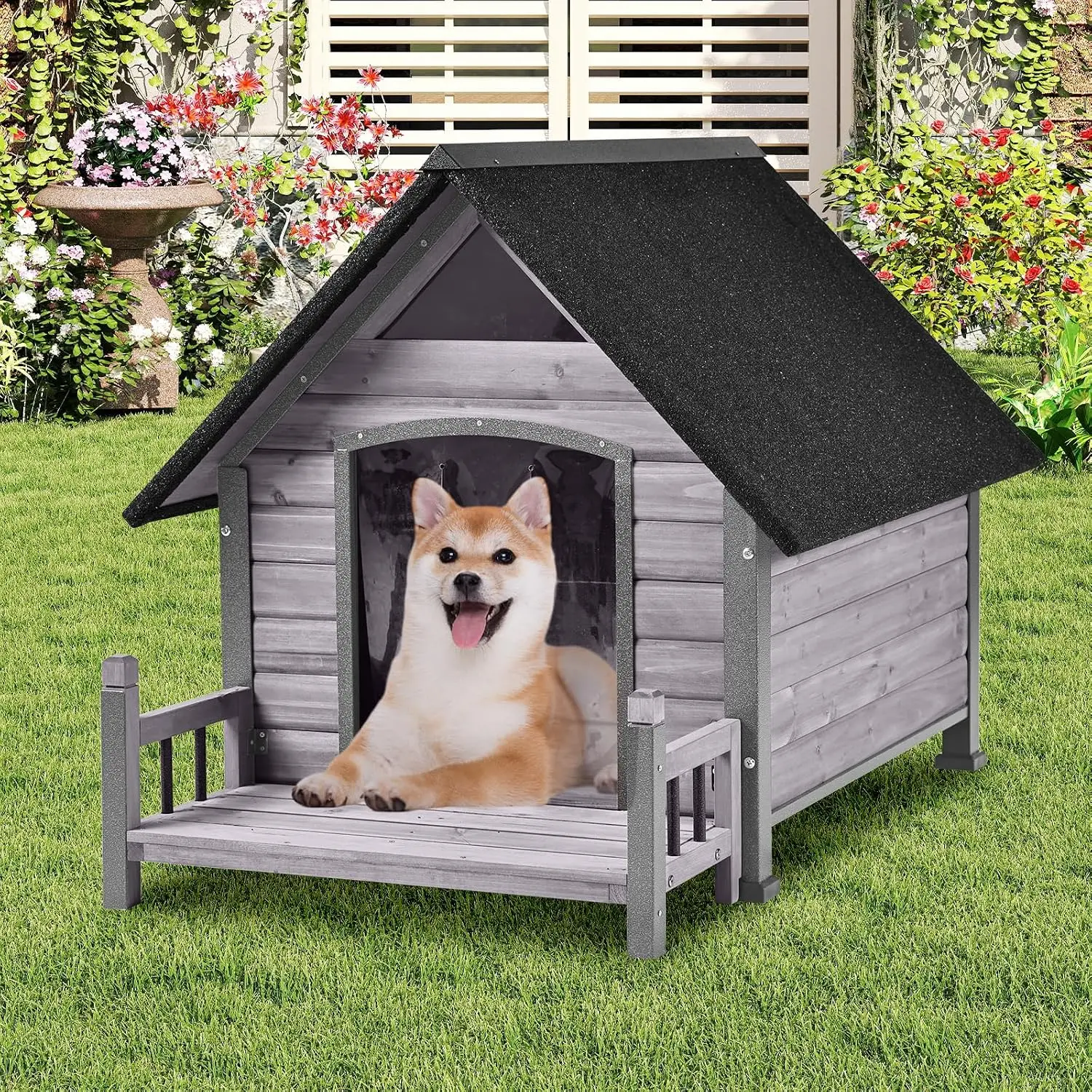 Anti-Bite Metal Dog Kennel with Porch & Weatherproof Roof for Small Medium Large Breeds Indoor Outdoor, Customized