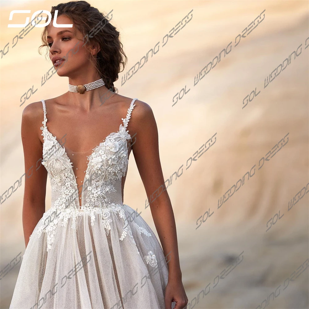 SOL Deep V Neck Gorgeous Spaghetti Straps Gold Spraying Net Wedding Dresses A-Line Open Back Bridal Gowns Vestidos De Novia