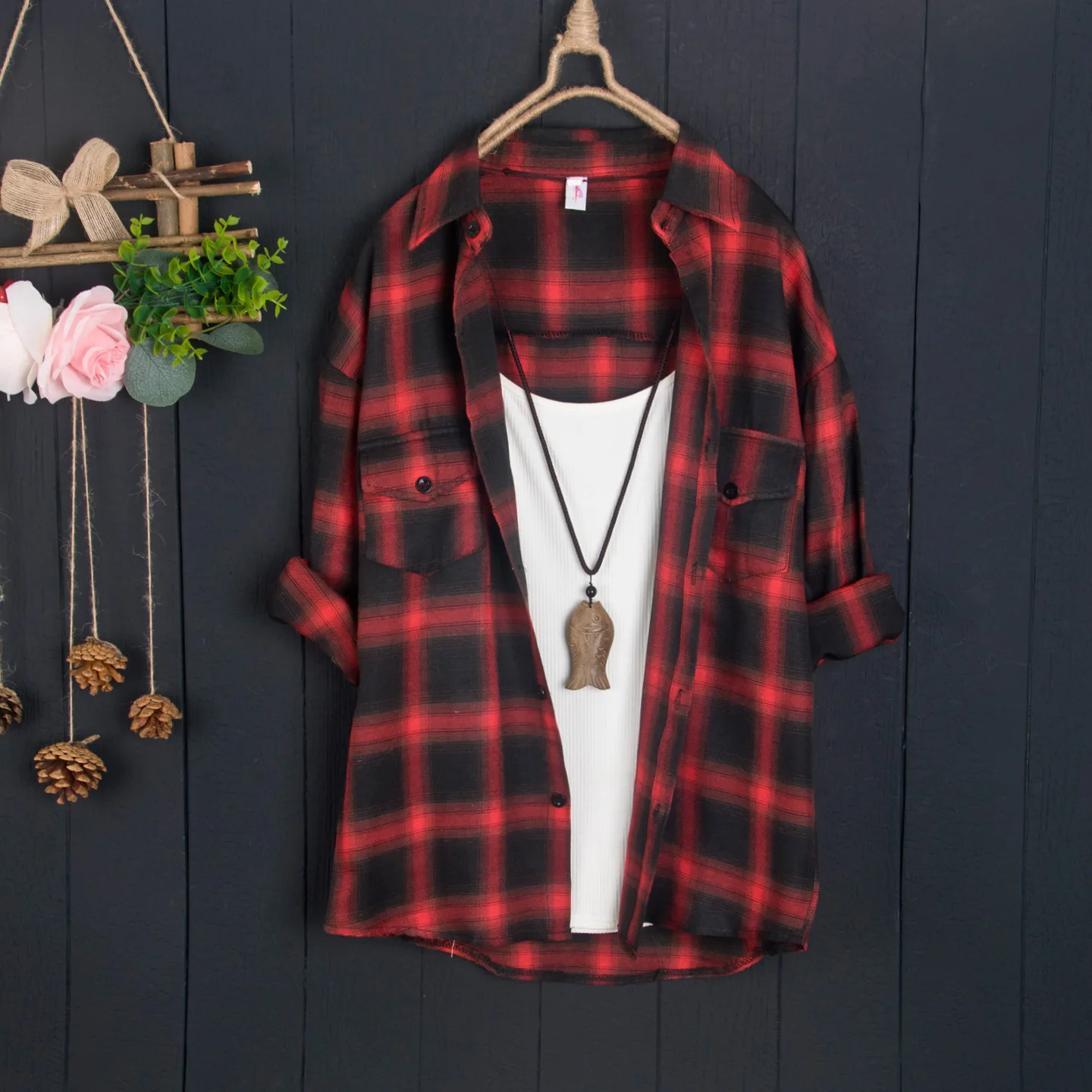 Plaid shirt jacket mid-length loose outer casual style long-sleeved top cotton and linen shirt Womens blouses Spring and summer