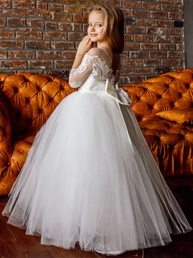 Ngà Ren Hoa Cô Gái Ăn Mặc Ra Khỏi Vai Vải Tuyn Trẻ Em Puffy Bóng Gown Lần Đầu Dress Công Chúa Sinh Nhật Đảng Dresses