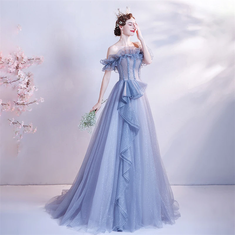 New Gradient Blue Dress Performance Host Banquet Annual Meeting Dress One Shoulder Wooden Ear Waist Wrapped Long Dress For Women