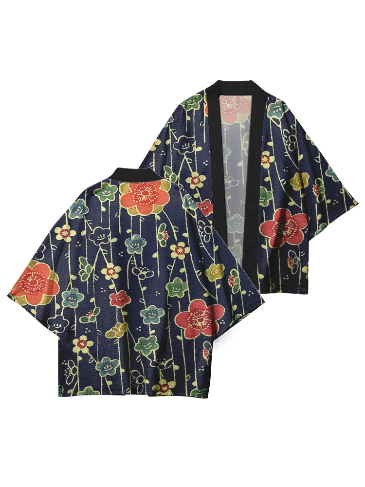 Women's Vintage Japanese Kimono Jacket Flower Folding Fan Print Pattern Japanese Cardigan Neutral Yukata Traditional Kimono