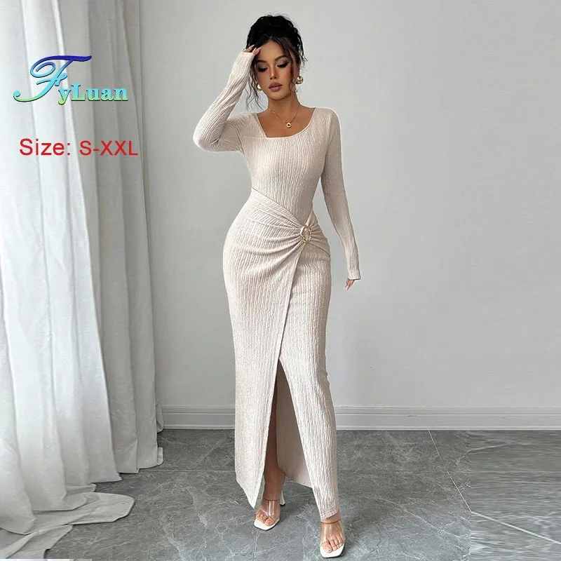 Nowa Moda Damska Długa Sukienka Jednolity Kolor Dzianinowa Tekstura Sukienka Wieczorowa Nieregularny Kołnierz Długi Rękaw Wyszczuplająca Sukienka Maxi Suknie na Bal Studniówkowy