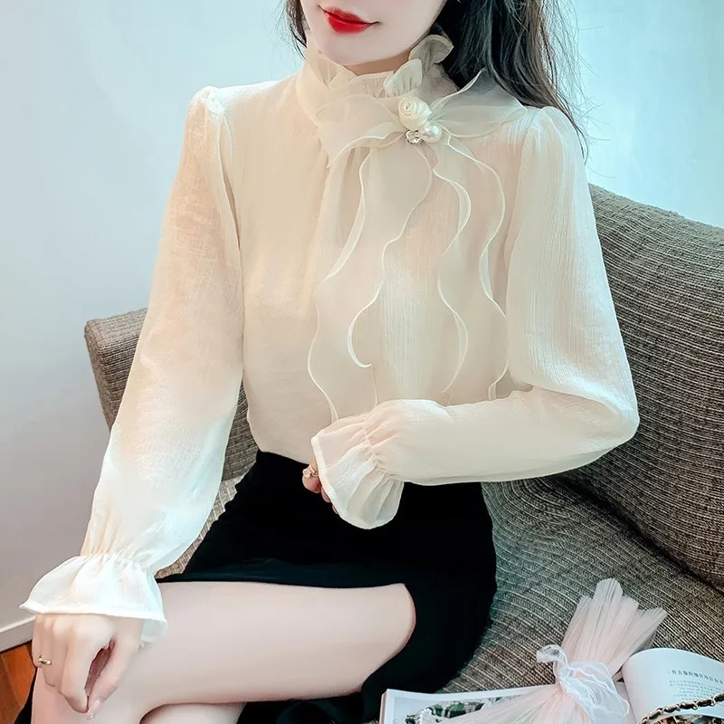 2023 Spring Autumn Basic Shirts Blouses Women Fashion Long Sleeve Elegant Office Lady Work Solid White Ruffled Chic Tops