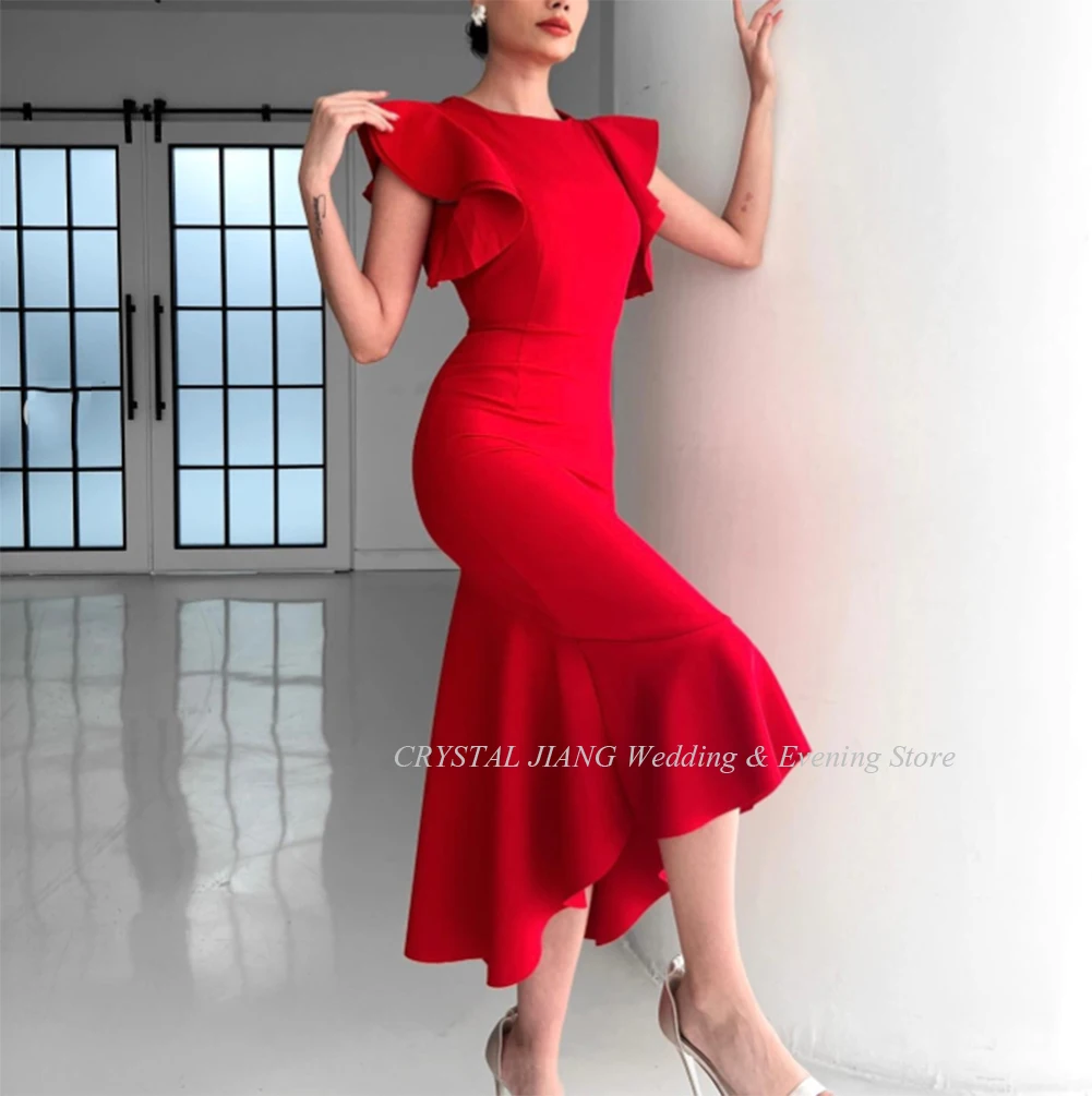 Jewel Collar Red Sleeveless Party Gowns Custom Made Cross Back Tea Length Evening Dresses for Women