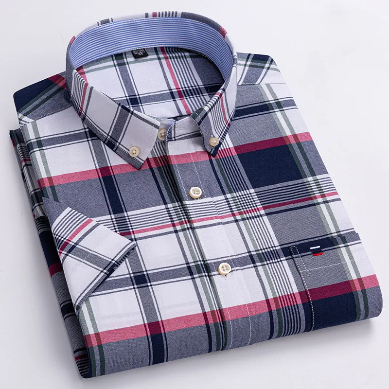 2023 Verão Novos Homens de Manga Curta Quadrada Pescoço Xadrez Listra Todo o Algodão Oxford Têxtil Negócios Casual Único Bolso Camisa S ~ 7XL