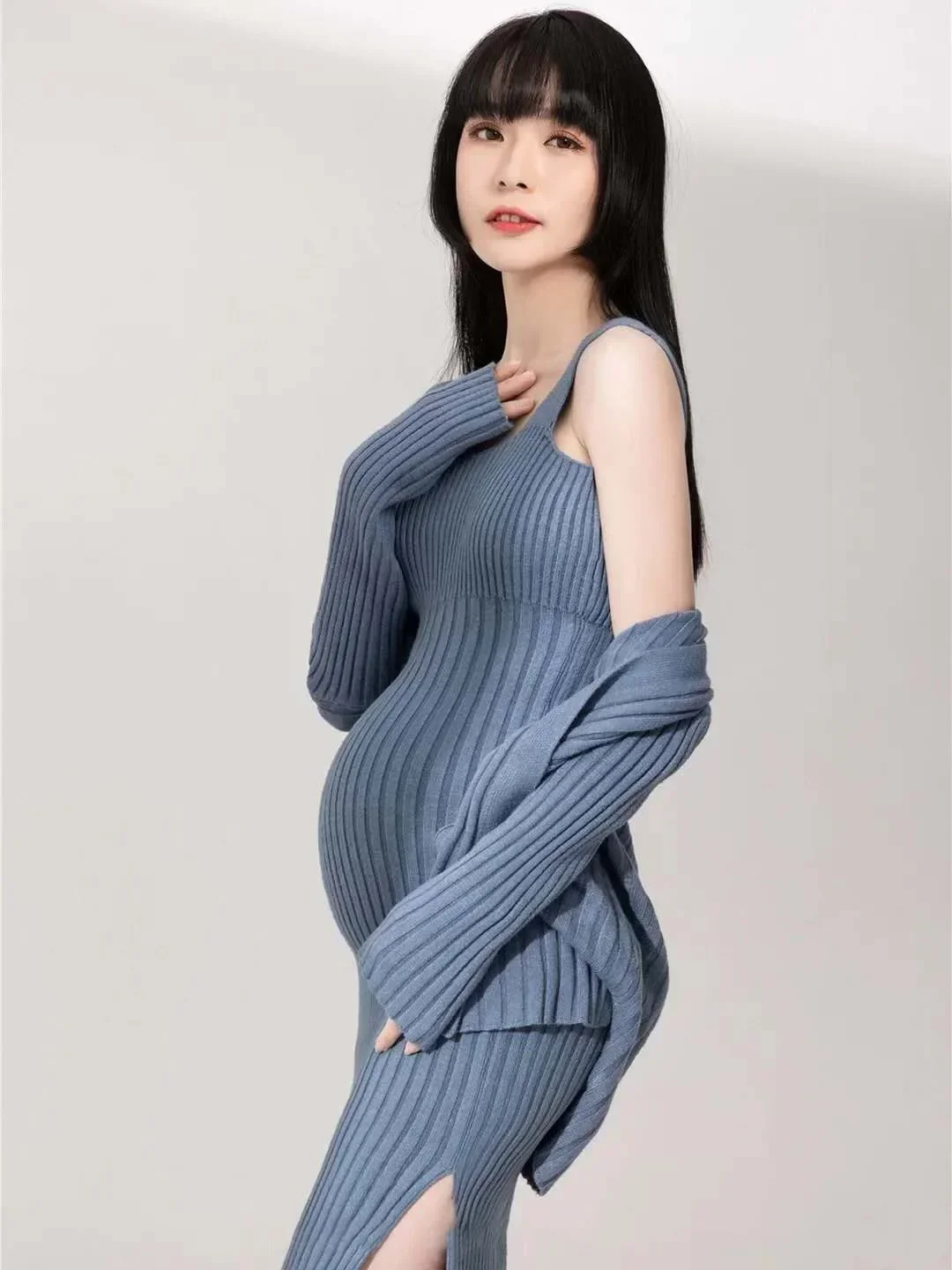 Women Sexy Knitting Maternity Dresses for Photo Shoot Casual Photography Props Pregnancy Clothes Long Sleeve Jackets Slip Dress