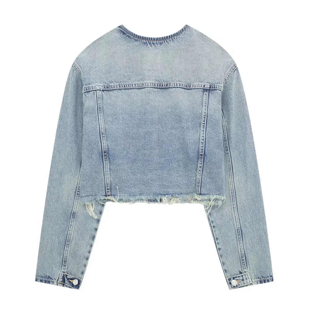 2024 New Women's Small Form Round Neck Buckle Ragged Edge Decoration Loose Versatile Denim Coat