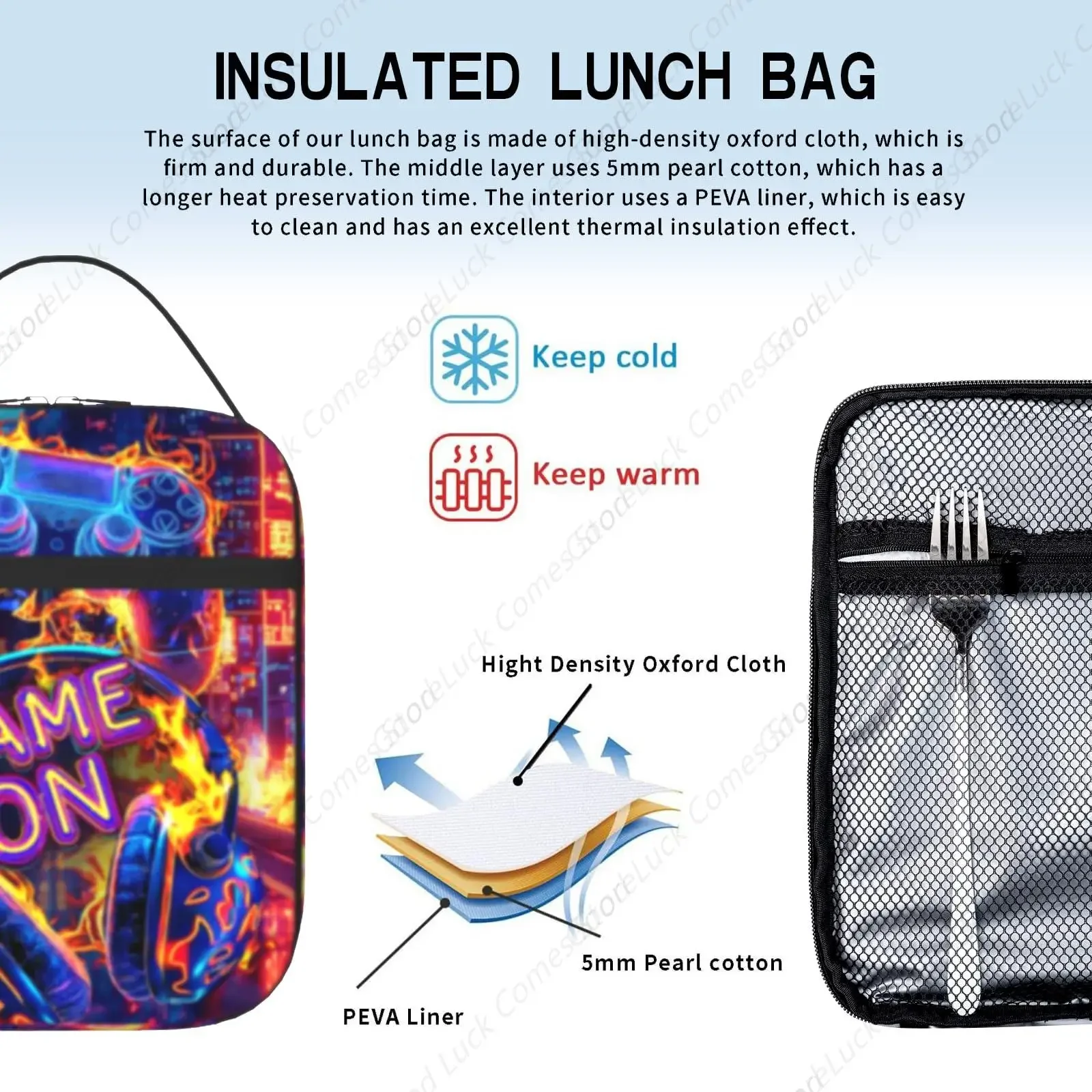 Ice and Fire Game and Headphones Tote Lunch Box Bag For Kids Teen Boys Girls Insulated Lunch Boxes For School Travel Work Picnic