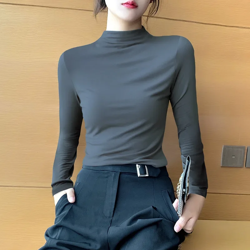 

Solid Color Temperament Half-high Collar Bottoming Shirt Women's Thin Tight Women's Slim Long-sleeved High Collar Inner Top