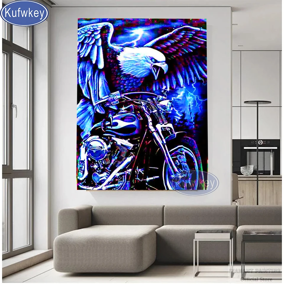 Full Diamond Embroidery Motorcycle Diamond Painting Eagle Animal Cross Stitch Kits Rhinestone Pictures American Style Decor Home