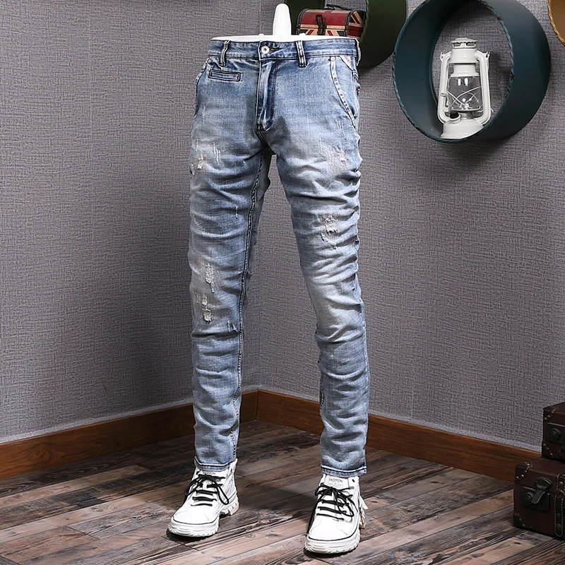 

Fashion Designer Men Jeans Retro Blue Elastic Slim Fit Patched Ripped Jeans Men Italian Style Vintage Casual Denim Pants Hombre