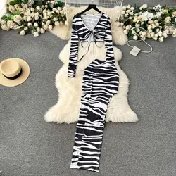 Foamlina Zebra Striped Print 2 Pieces Set Women Summer Sexy Lace-up V Neck Long Sleeve Crop Top and Long Irregular Skirt Suits