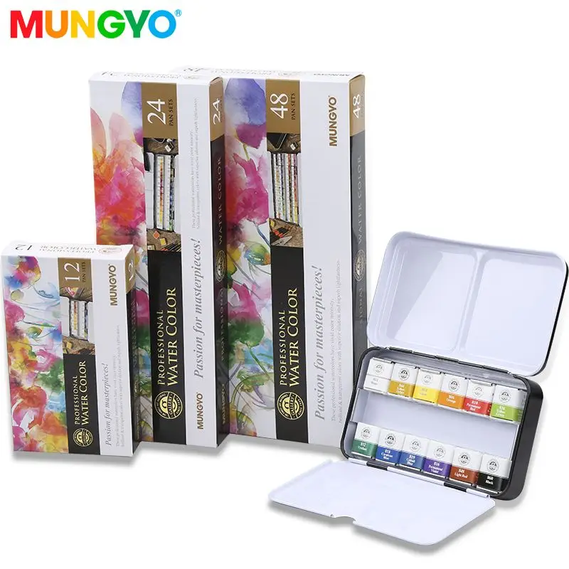 MUNGYO Watercolor Paint Sets 12/24/48 Colors Watercolor Solid Water Color Metal Box Oil Painting Pigment for Student Art Supplie