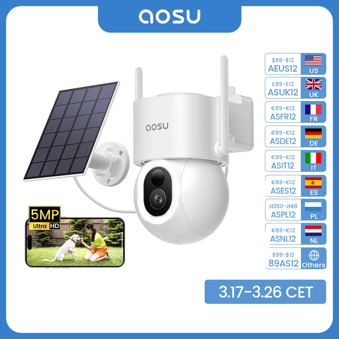 AOSU 9200 mAh 5MP PTZ Telecamera solare Wireless Outdoor AI Rilevazione Wifi Telecamera di sicurezza