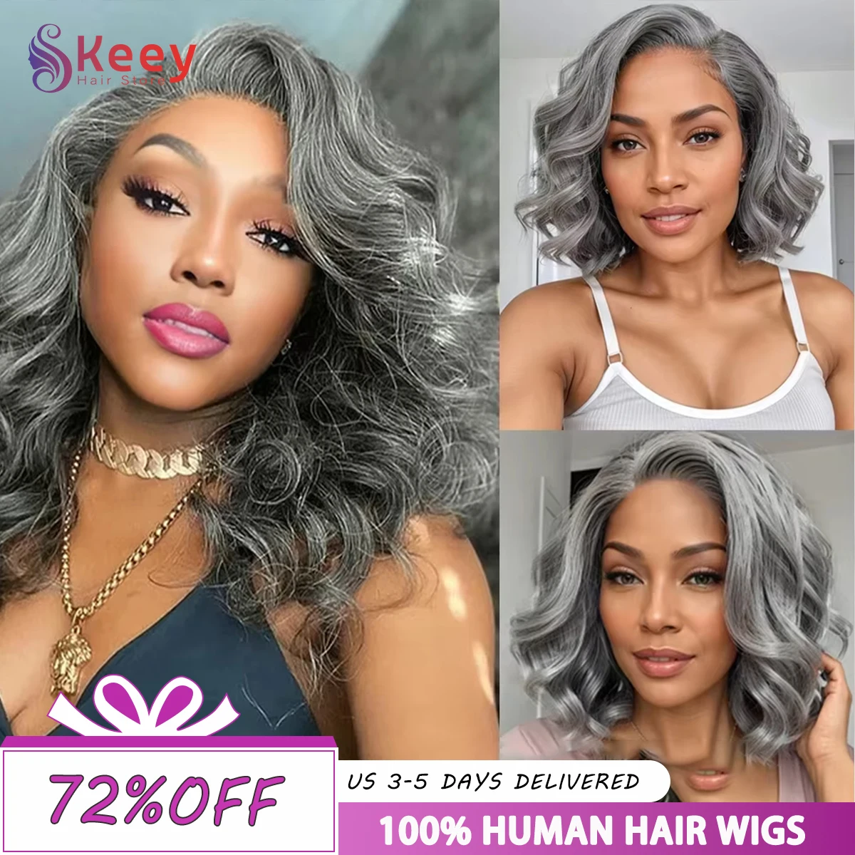 솔트 앤 페퍼 밥 가발 인모 글루리스 14인치 5x5 프리컷 레이스 글루리스 그레이 컬러 가발 브라질 바디 웨이브 인모 가발