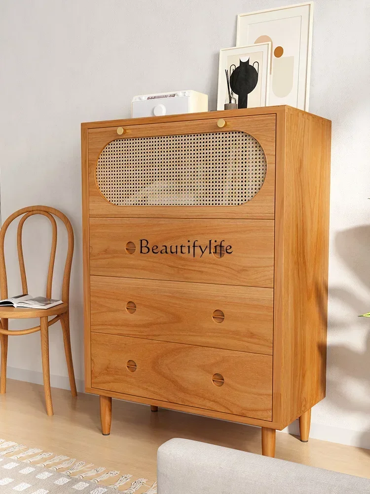 R Whole House Furniture Solid Wood Four-Drawer Cabinet Nordic Modern Minimalist Log Small Apartment Rattan Living Room Storage L