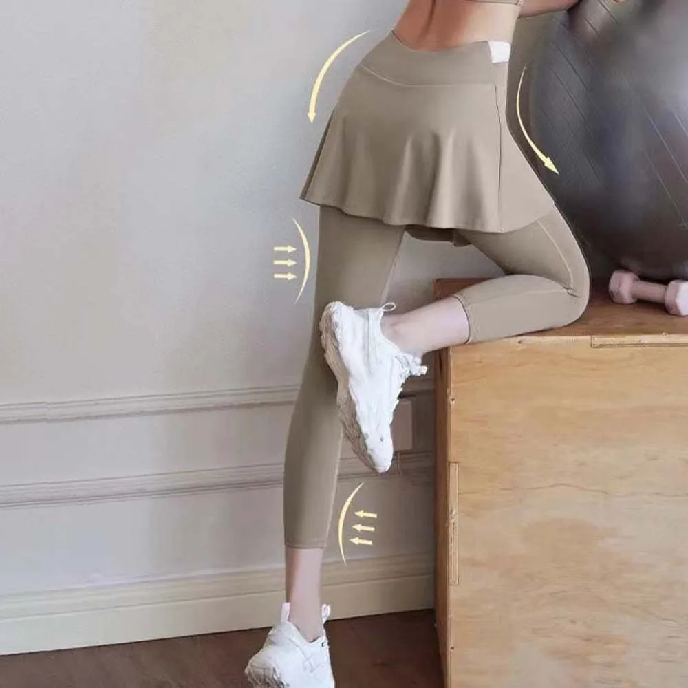 Combined in One Fitness Leggings Tight High Waist Elastic Pants Skirt Contrasting Color Thickened Sports Yoga Pants Jogging