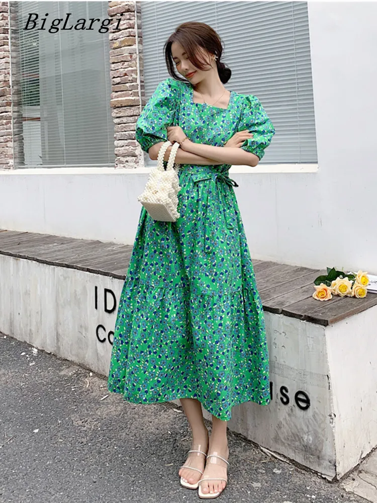 

Oversize Print Floral Puff Sleeve Dress Women A-Line Green Maxi Dresses Harajuku Korean Purple Vestidos Mujer Verano Frau Kleid