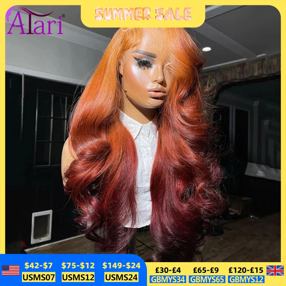Ombre raízes laranja 13x4 peruca frontal do laço transparente 13x6 laranja escuro peruca dianteira do laço do cabelo humano para as mulheres pré arrancadas 5x5 peruca