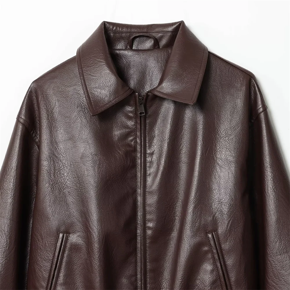 Veste de pilote en faux cuir pour femmes, manches longues, revers, poche, fermeture éclair, décoration, nouvelle collection