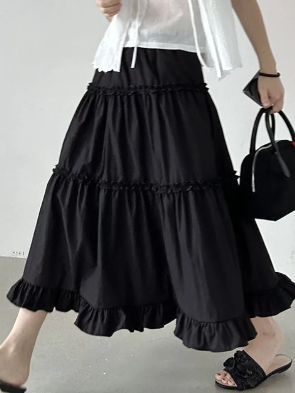

Retro Bla Asymmetrical Skirt Women's Chic Summer Sweetn Large Flounce Cake Skirt High Waist Midi Pure Color Commute