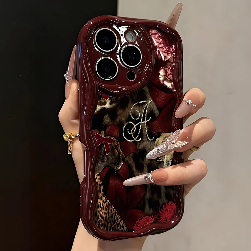 Retro Burgundy Leopard Rose Pattern Wavy Frame Phone Case For iPhone 17 16 15 14 13 12 11 Pro Max Plus Air Shockproof Soft Cover