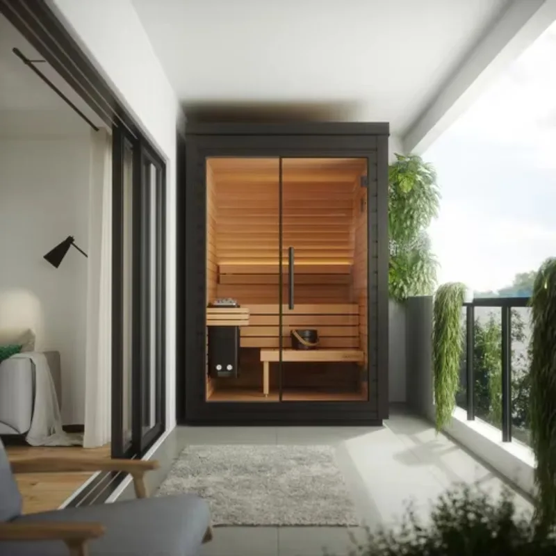 Customized Indoor Outdoor High End Panoramic Glass Window Traditional Steam Sauna Room Solid Wood Structure Dry Wet Steam Cabin