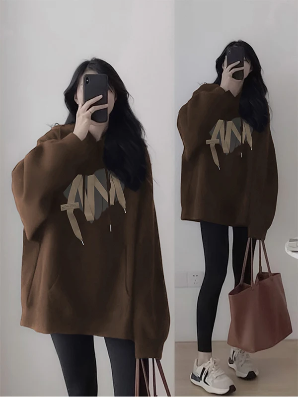 

Ретро-худи коричневого цвета для женщин: уютная свободная верхняя одежда в корейском стиле, утепленная флисом, осенне-зимняя, модная, больших размеров