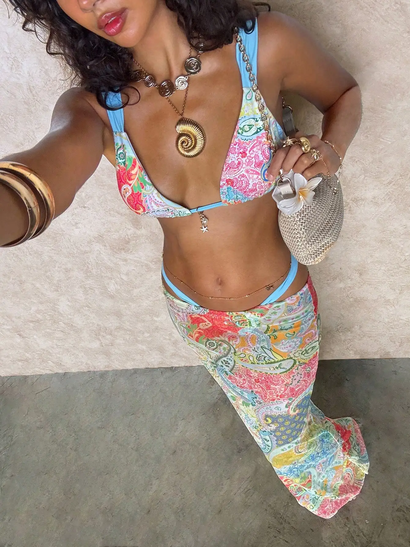 

Boho Paisley Print Triangle Bikini Set With Cover Up Skirt For Women