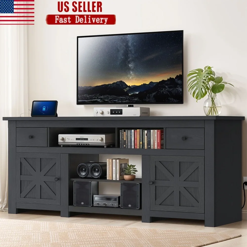 

Country Style Media Console TV Cabinet Built-in Power Socket Adjustable Divider Shelves Storage 80 Inch TV Easy Assembly