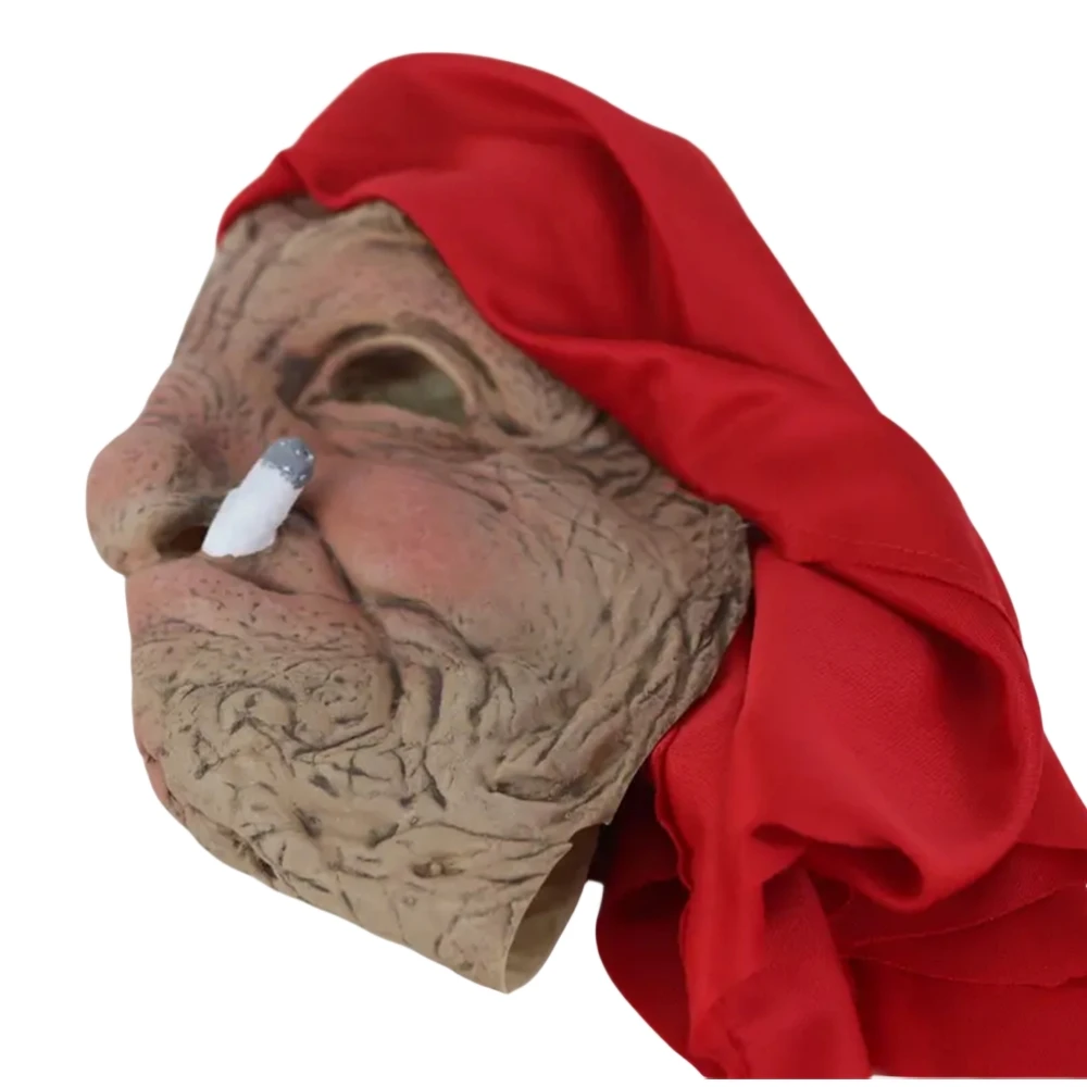 Adult Female Latex Mask Cosplay Grandma Mask Halloween Old Lady Wearing Headscarf Full Head Mask Smoking Wrinkles Horror Mask