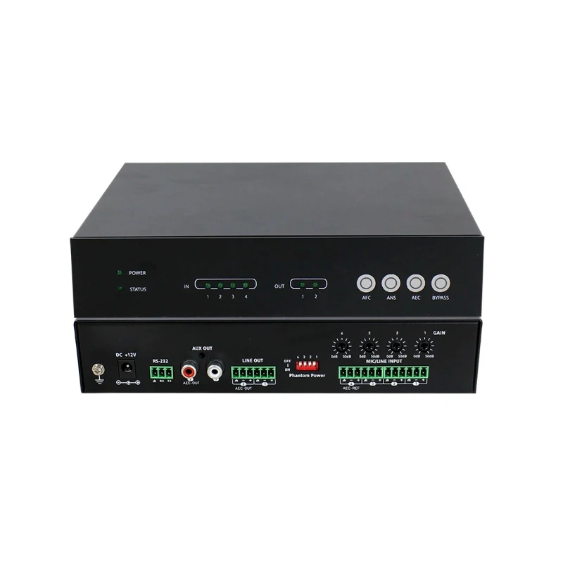 4-in, 2-out automatic DSP audio processor with hands-free adjustment