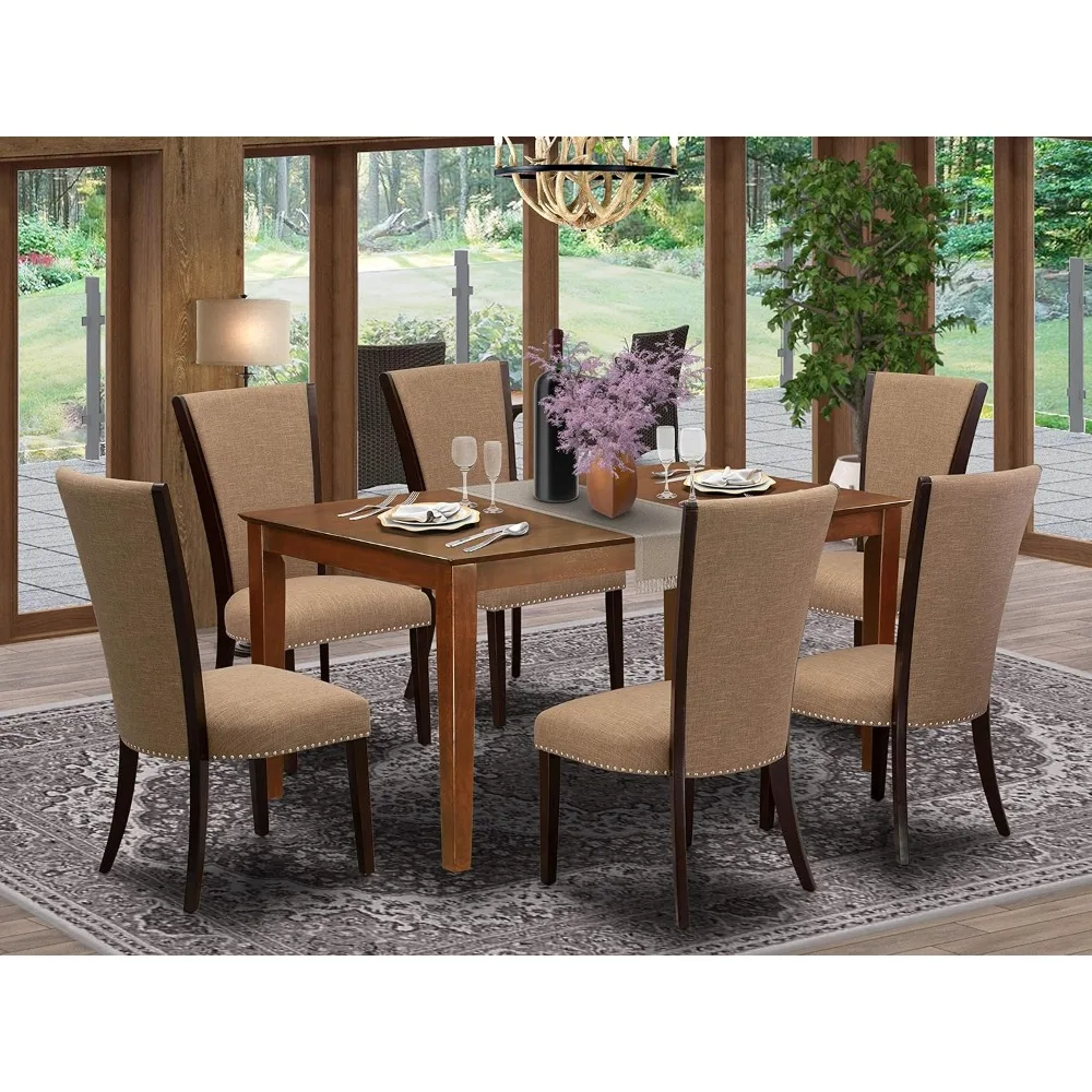 

Capri 7 Piece Set Consist of a Rectangle Dining Room Table and 6 Light Sable Linen Fabric Upholstered Chairs