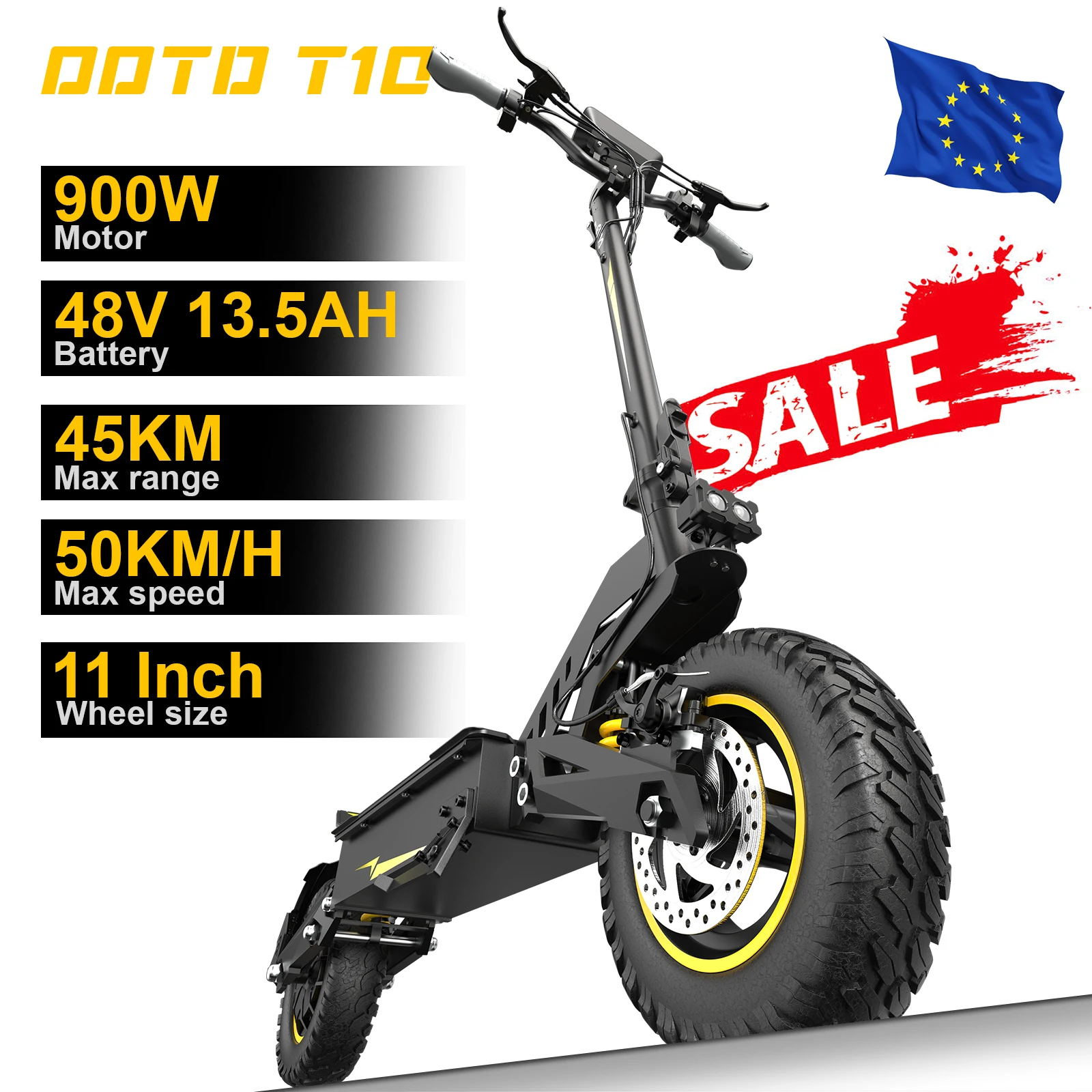 Scooter Eléctrico Plegable Ligero con Neumáticos Todoterreno de 900W, OOTD T10, 11 Pulgadas, Autonomía de Batería de 45KM, 48V13.5AH
