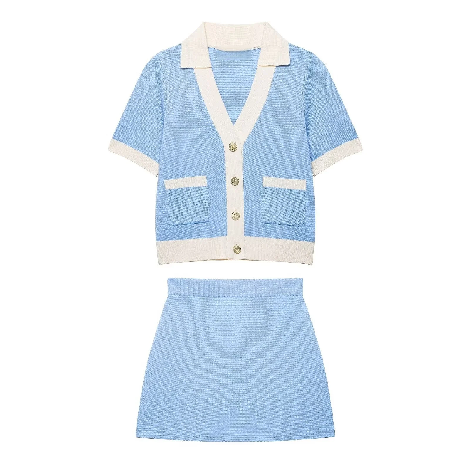 

UNIZERA2025 New Summer Women's Casual French Fashion Versatile Lapel Short-sleeved Knitted Top With Simple Mini Skirt