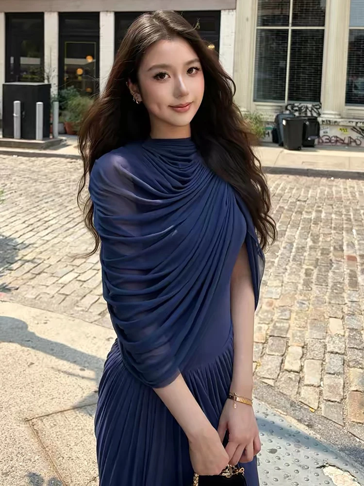 Kliou Mesh Patchwork Long Dress Woman Autumn Trend o-Neck Irregular Sleeve Shape Waist High Street Ruched Elegant Style Vestidos