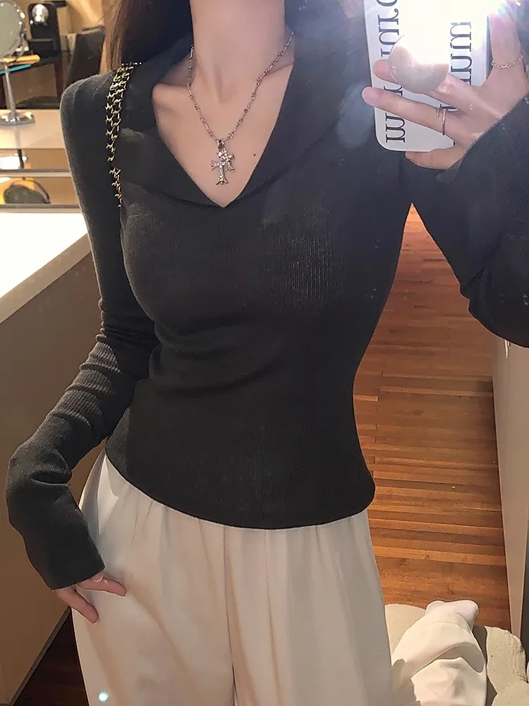 الياقات محبوك قميص المرأة البلوز سترة القمم الإناث طويلة الأكمام سليم صالح متماسكة بلوزة ربيع الخريف عادية Sueter Ligero